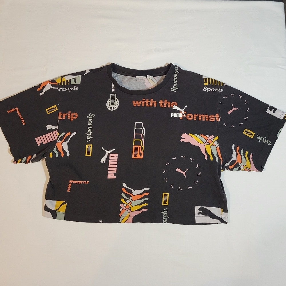 Puma (Women's M) Black 100% Cotton Cropped Logo T-shirt Tee